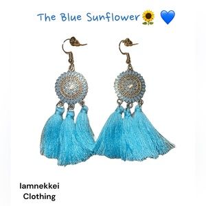 Blue Sunflower Boho Tassel Earrings